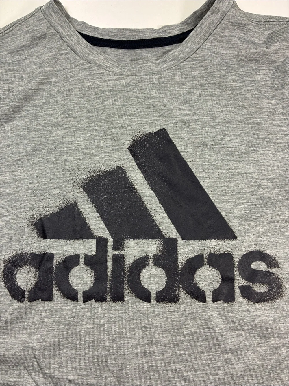 Adidas Heather Grey Tee with Dark Navy Logo - Kids Short Sleeve, size S